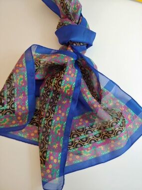Vibrant Blue Floral & Geometric Sheer Scarf - Women's Accessory